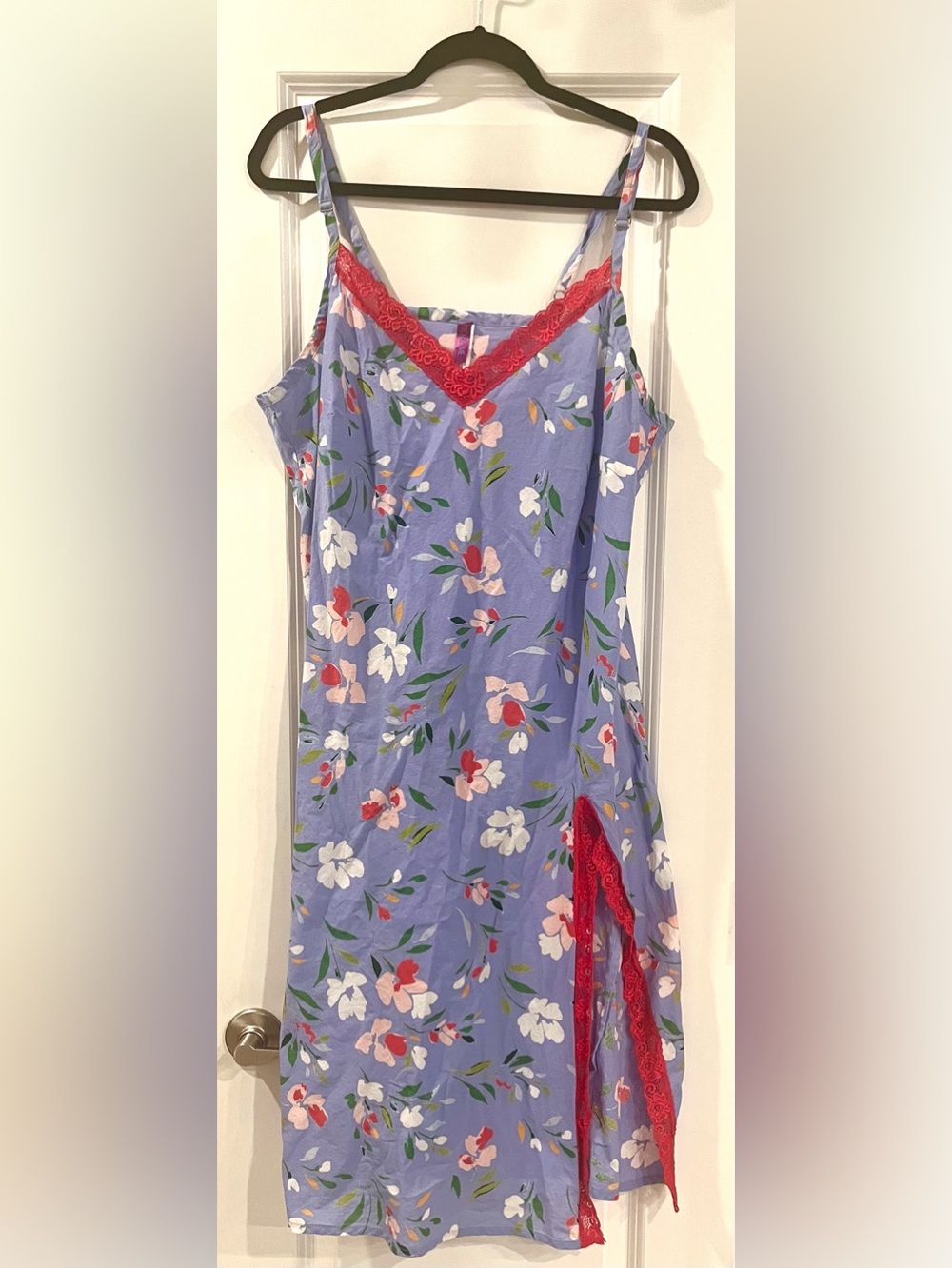 Adore Me Floral Midi Slip Dress with Red Lace Trim